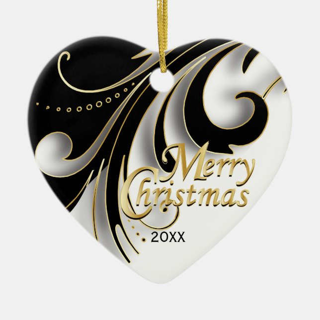 Elegant Black, White & Gold Christmas | Photo Ceramic Ornament (Front)