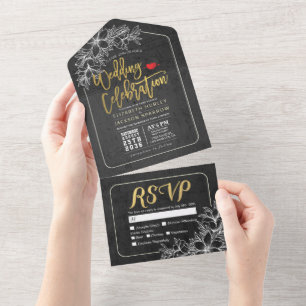 Elegant Black White Gold Floral Frame Wedding RSVP All In One Invitation