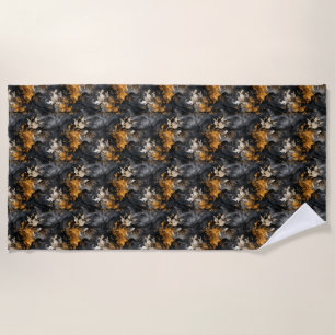 Elegant Black White Gold Floral Repeating Pattern Beach Towel