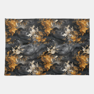 Elegant Black White Gold Floral Repeating Pattern Kitchen Towel