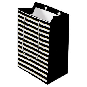 Elegant Black White Gold Horizontal Stripe Medium Gift Bag