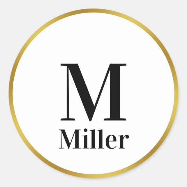 Elegant Black White Gold Initial Monogram Name Classic Round Sticker (Front)