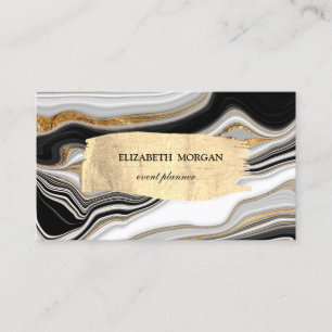 Elegant Black White Gold Marble Brush Stroke Business Card