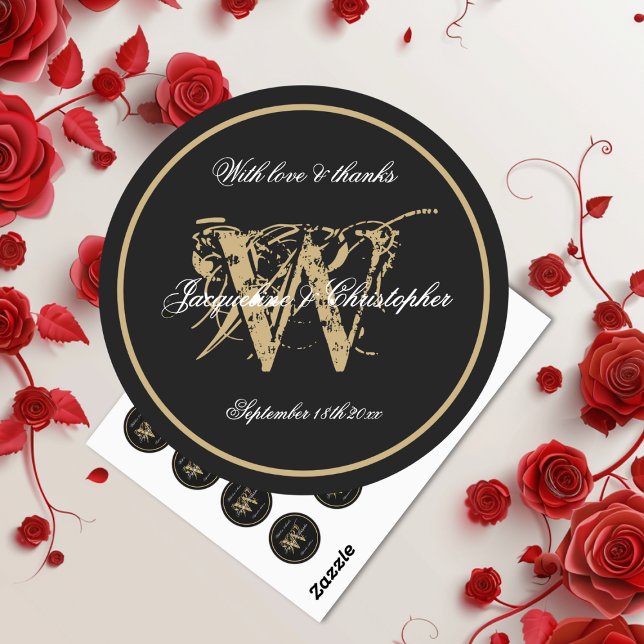 Elegant Black White Gold Monogram Name Chic Script Classic Round Sticker (Elegant Black White Gold Monogram Name Chic Script Classic Round Stickers.)