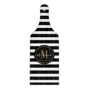 Elegant Black White Gold Monogram Personalized  Cutting Board