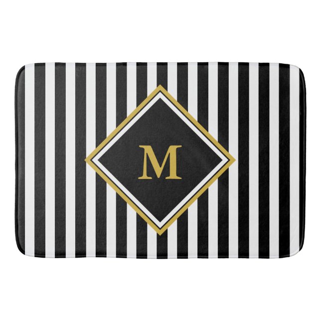 Elegant Black White Gold Monogram Striped Bath Mat (Front)