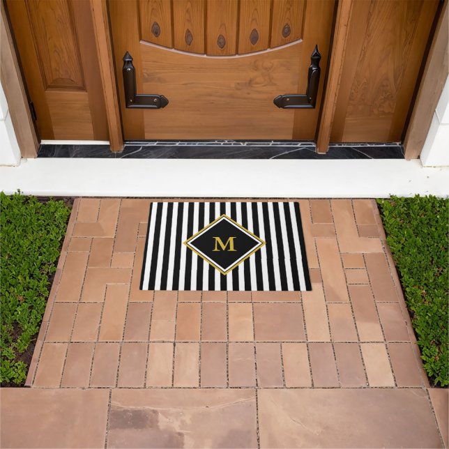 Elegant Black White Gold Monogram Striped Doormat (Outdoor)