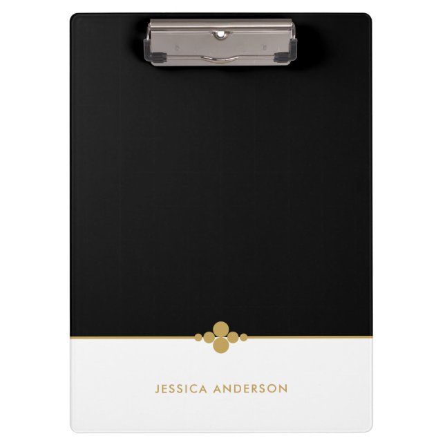 Elegant Black White Gold Personalized Clipboard (Front)