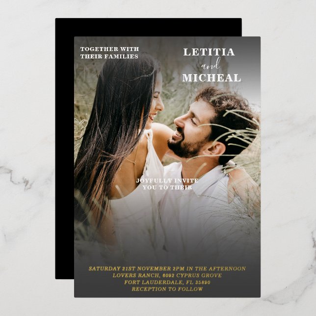 Elegant Black White & Gold Photo Wedding  Foil Inv (Front/Back)