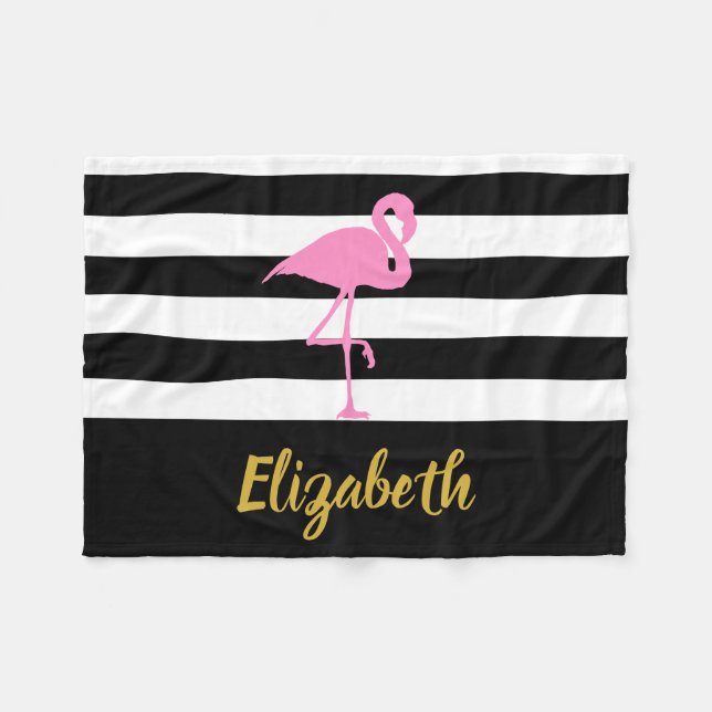 Elegant Black White Gold Pink Flamingo Script Name Fleece Blanket (Front (Horizontal))