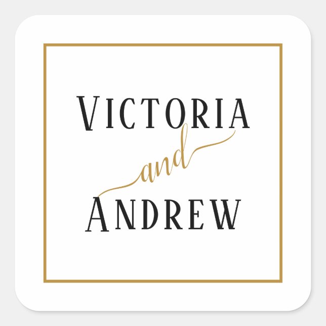 Elegant Black White Gold Script Minimal Wedding Square Sticker (Front)