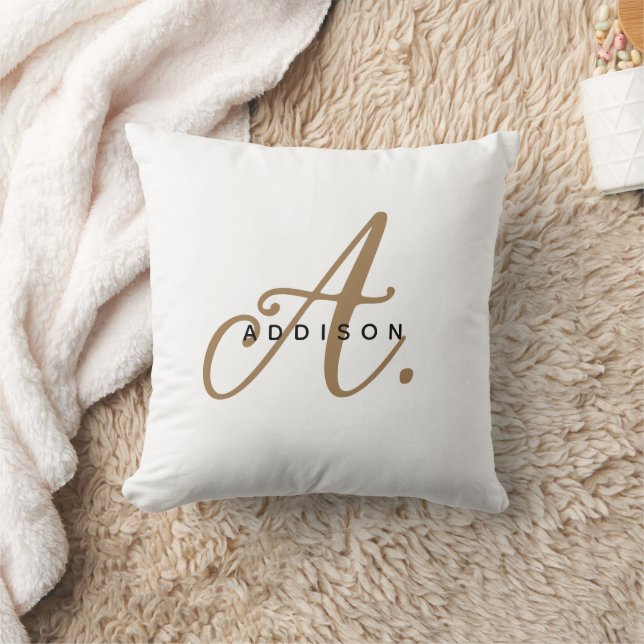 Elegant Black White Gold Script Monogram Throw Pillow (Blanket)