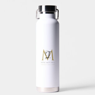 Elegant Black White Gold Simple Monogram Name Water Bottle