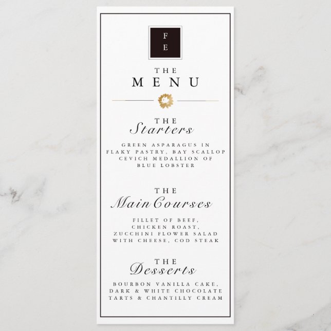 Elegant Black White & Gold Stripe Wedding Menu (Front)