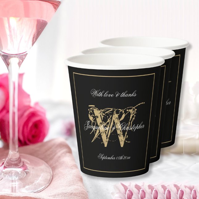 Elegant Black White Gold Wedding Monogram Name  Paper Cups (Elegant Wedding - Black, White and Gold Monogram and Names Paper Cups.)