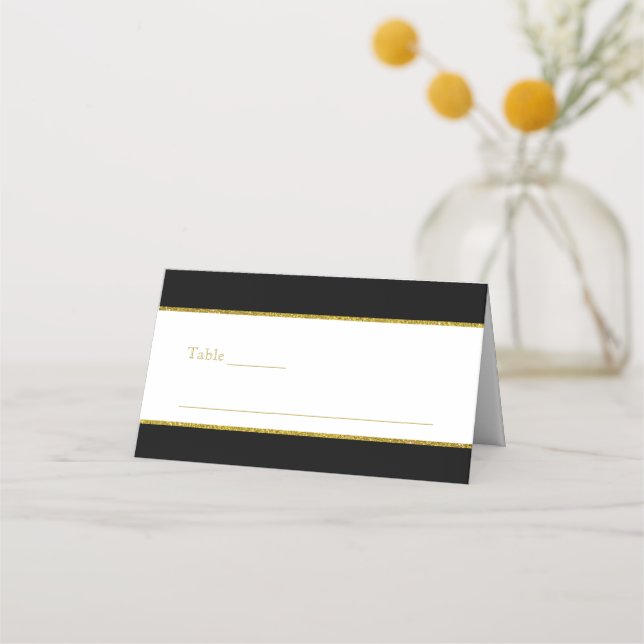 Elegant Black White Gold Wedding Place Card (Front)