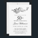 Elegant Black White Golf 50th Birthday Party  Invitation<br><div class="desc">Elegant black and white birthday invitation for a golfer. The top of the invitation is decorated with golf accessories - a golf club, golf ball, hat and gloves. The watercolor design creates a traditional and classic aesthetic. Perfect for a birthday bash at the club or a backyard BBQ. All of...</div>