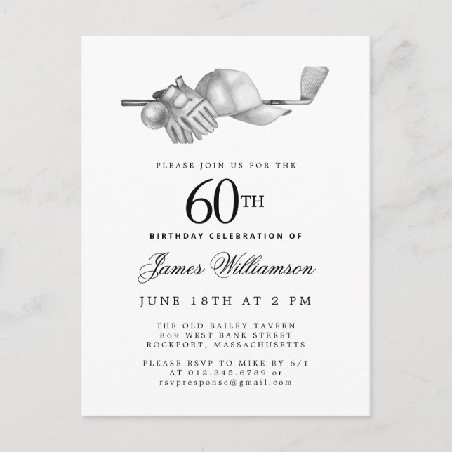Elegant Black White Golf 60th Birthday Party  Invitation Postcard (Front)