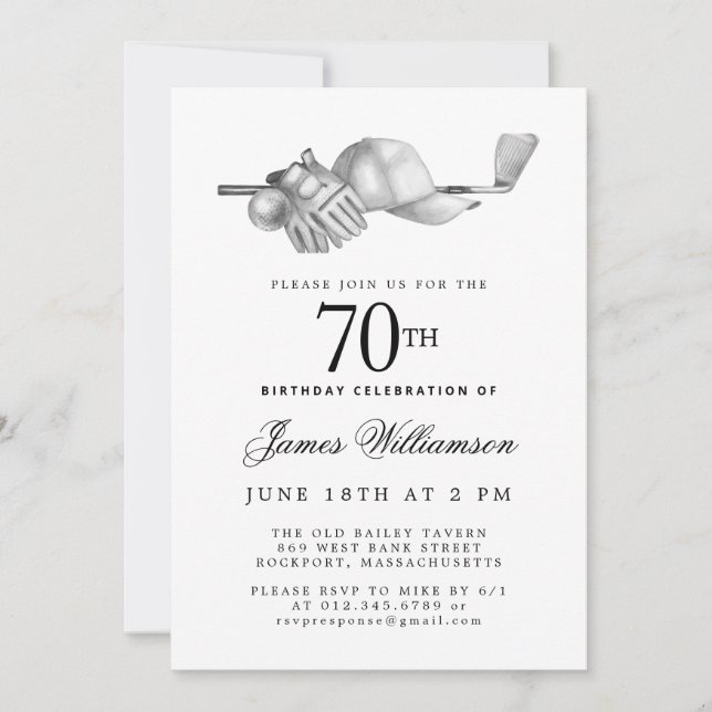 Elegant Black White Golf 70th Birthday Party  Invitation (Front)