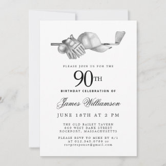 Elegant Black White Golf 90th Birthday Party Invitation