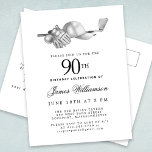 Elegant Black White Golf 90th Birthday Party  Invitation Postcard<br><div class="desc">Elegant black and white birthday invitation for a golfer. The top of the invitation is decorated with golf accessories - a golf club, golf ball, hat and gloves. The watercolor design creates a traditional and classic aesthetic. Perfect for a birthday bash at the club or a backyard BBQ. All of...</div>