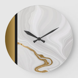 Elegant Black White Gray Gold Marble Pattern   Large Clock