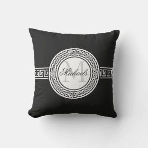 Elegant Black   White Greek Key Monogram Throw Pillow