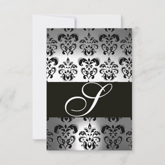 ELEGANT BLACK WHITE GREY DAMASK MONOGRAM RSVP CARD (Front)
