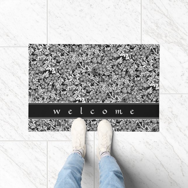 Elegant Black White & Grey Floral | Welcome Doormat (Indoor)