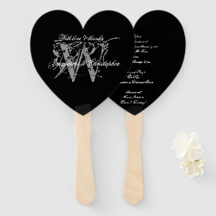 Elegant Black White Grey Monogram Wedding Program  Hand Fan