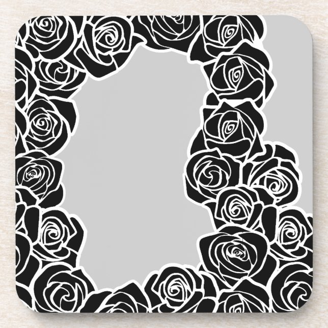 Elegant Black White Grey Roses Romantic Pattern Coaster (Front)