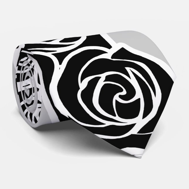 Elegant Black White Grey Roses Romantic Pattern Tie (Rolled)