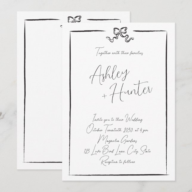 Elegant Black & White Hand Drawn Bow  Invitation (Front/Back)