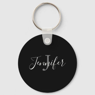 Elegant Black White Hand Lettered Script Monogram Keychain