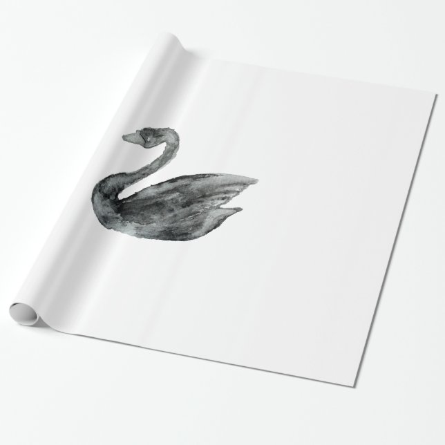Elegant black white hand painted watercolor swan wrapping paper (Unrolled)