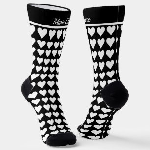 Elegant Black White Heart Pattern Personalized Nam Socks