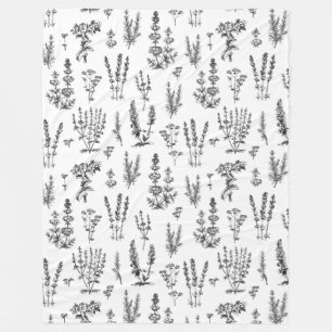 Elegant Black White Herbal Garden Pattern Fleece Blanket