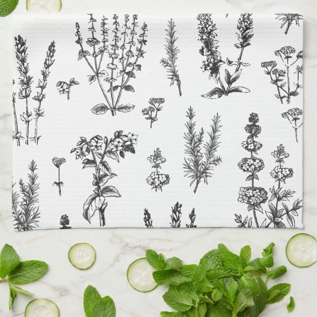 Elegant Black White Herbal Garden Pattern Kitchen Towel (Folded)