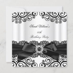 Elegant Black White Lace Bow Birthday Party Invitation