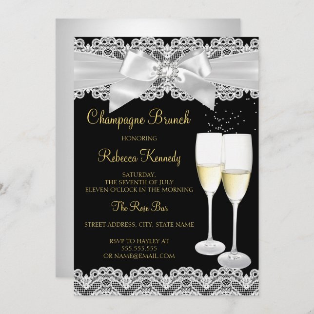 Elegant Black White Lace Champagne Brunch Invite (Front/Back)