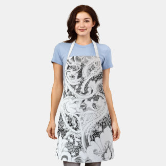 Elegant Black & White Lace Pattern Apron