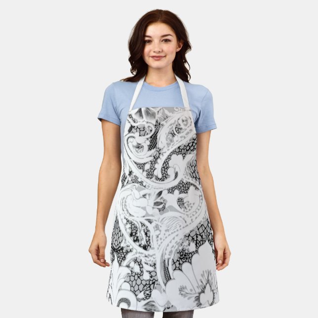 Elegant Black & White Lace Pattern Apron (Worn)