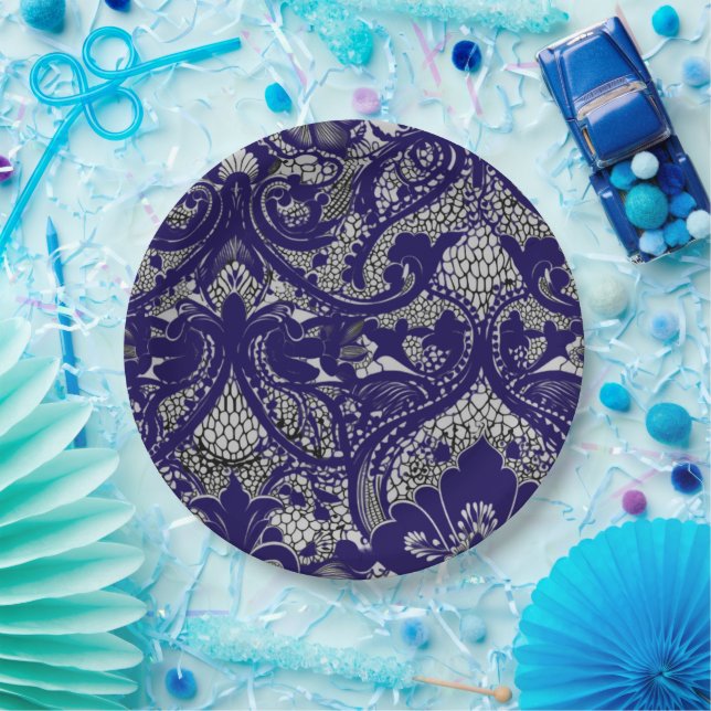 Elegant Black & White Lace Pattern Paper Plate (Party)