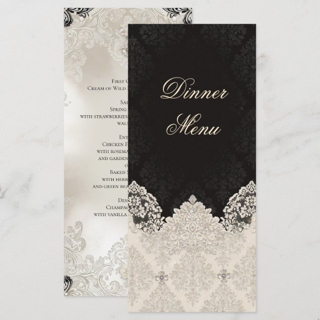 Elegant Black White Lace Wedding Dinner Menu (Front/Back)