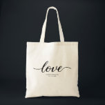 Elegant Black White Love Script Custom Wedding Tote Bag<br><div class="desc">Celebrate your special day with our "Timeless Love - Elegant Script Wedding Tote Bag." This beautifully designed tote bag features the word "Love" in a stunning and elegant script, perfect for embodying the romance and elegance of your wedding. Personalize this tote bag with your names and wedding date, making it...</div>