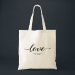 Elegant Black White Love Script Custom Wedding Tote Bag<br><div class="desc">Celebrate your special day with our "Timeless Love - Elegant Script Wedding Tote Bag." This beautifully designed tote bag features the word "Love" in a stunning and elegant script, perfect for embodying the romance and elegance of your wedding. Personalize this tote bag with your names and wedding date, making it...</div>