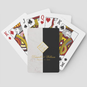 Elegant Black White Marble Monogram Gold Wedding Playing Cards