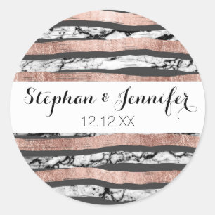 Elegant Black White Marble Rose Gold Brushstrokes Classic Round Sticker