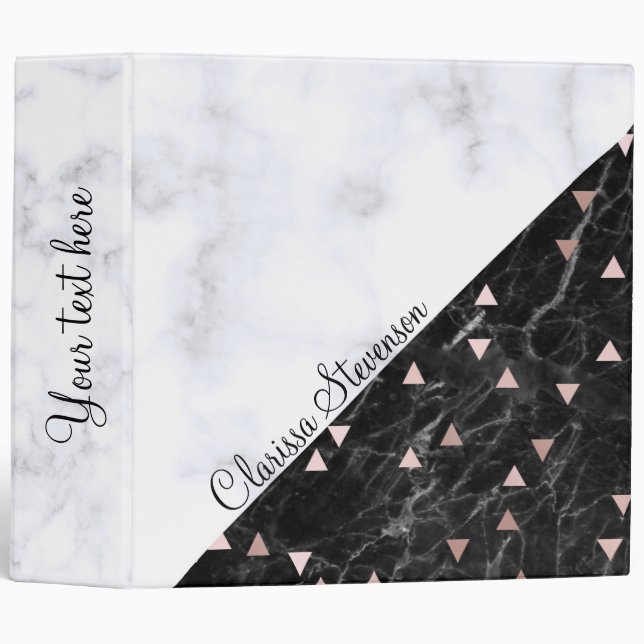elegant black white marble rose gold geometric binder (Front/Spine)
