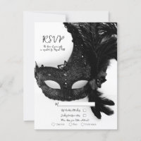 Elegant Black White Masquerade Mask Wedding RSVP 
